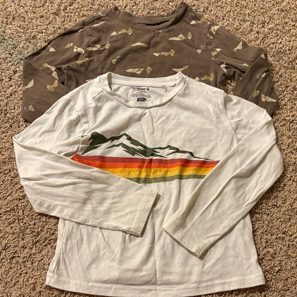 Kids Mountain Graphic Long Sleeve Shirts - White & Brown Boys Size 4-5​​​